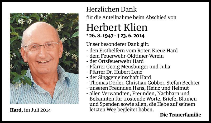  Todesanzeige für Herbert Klien vom 24.07.2014 aus Vorarlberger Nachrichten