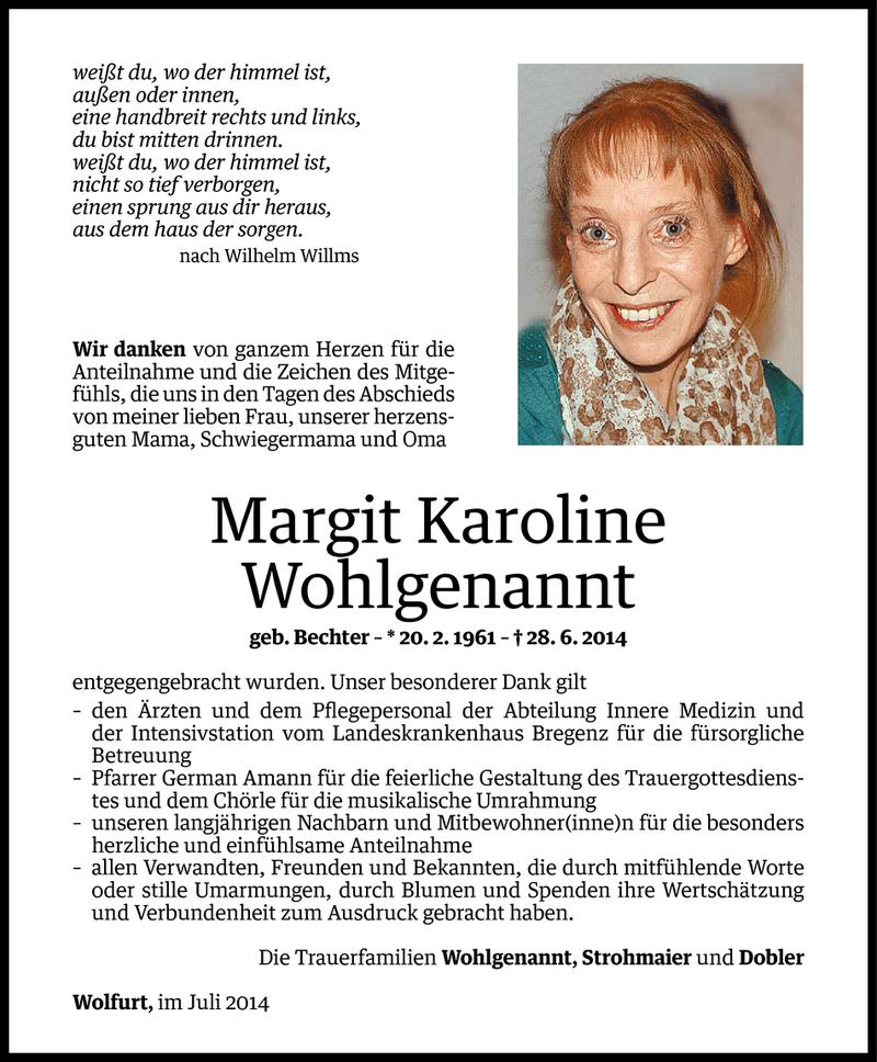  Todesanzeige für Margit Karoline Wohlgenannt vom 25.07.2014 aus Vorarlberger Nachrichten