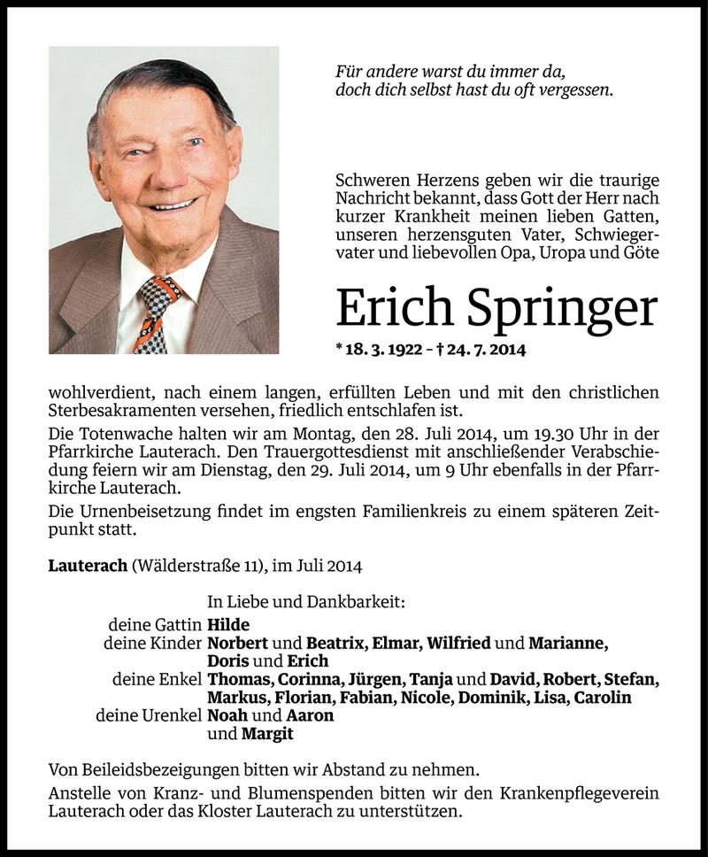  Todesanzeige für Erich Springer vom 25.07.2014 aus Vorarlberger Nachrichten