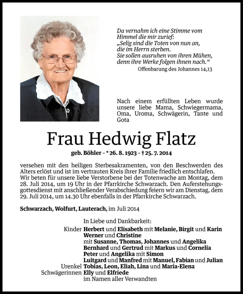  Todesanzeige für Hedwig Flatz vom 25.07.2014 aus Vorarlberger Nachrichten