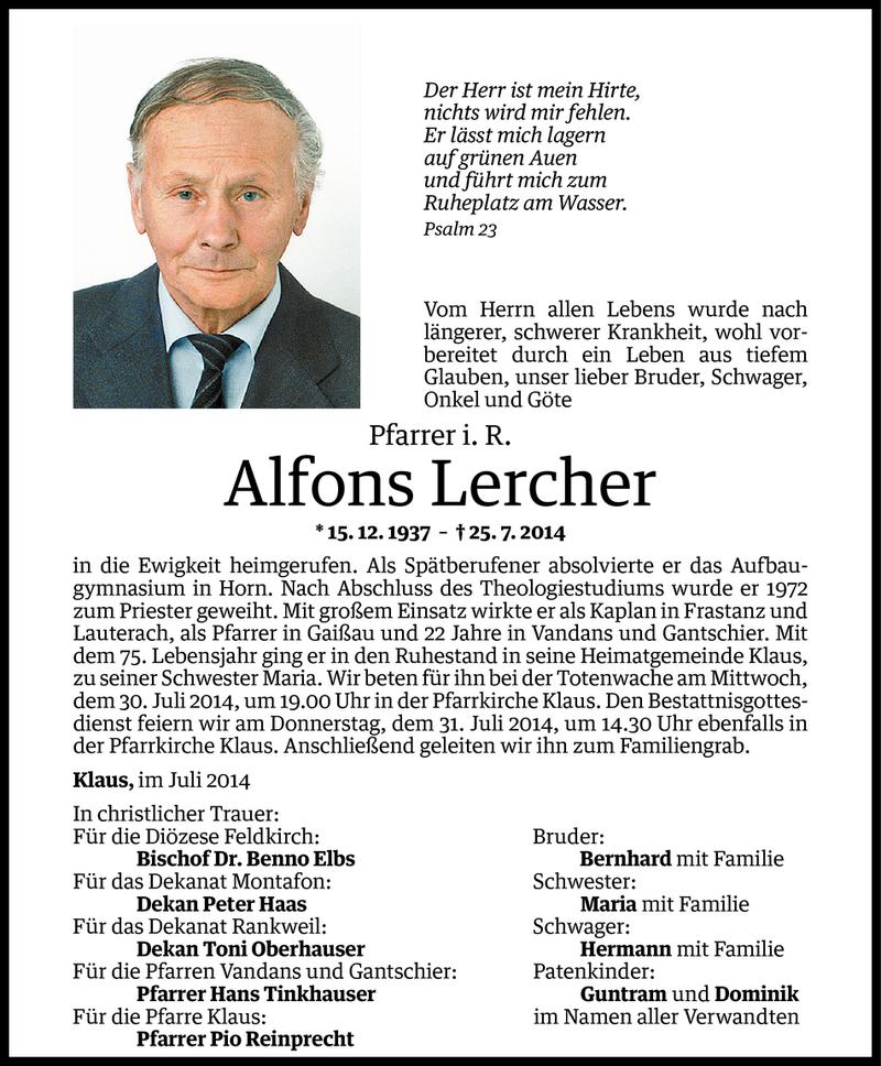  Todesanzeige für Alfons Lercher vom 28.07.2014 aus Vorarlberger Nachrichten