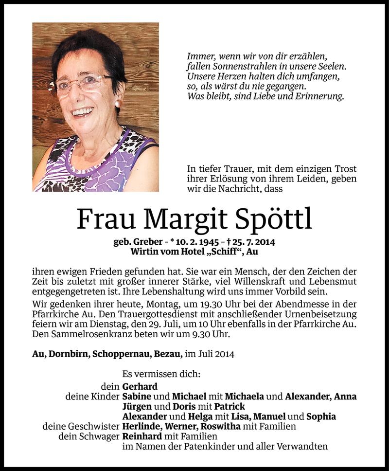  Todesanzeige für Margit Spöttl vom 27.07.2014 aus Vorarlberger Nachrichten