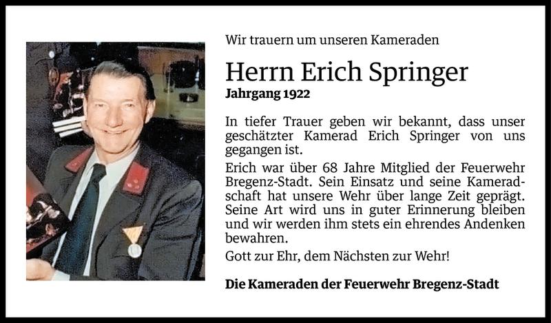  Todesanzeige für Erich Springer vom 27.07.2014 aus Vorarlberger Nachrichten