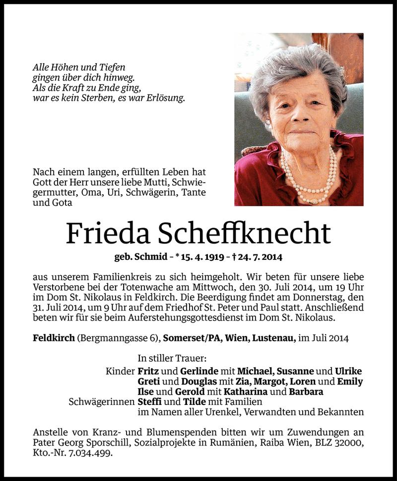  Todesanzeige für Frieda Scheffknecht vom 28.07.2014 aus Vorarlberger Nachrichten