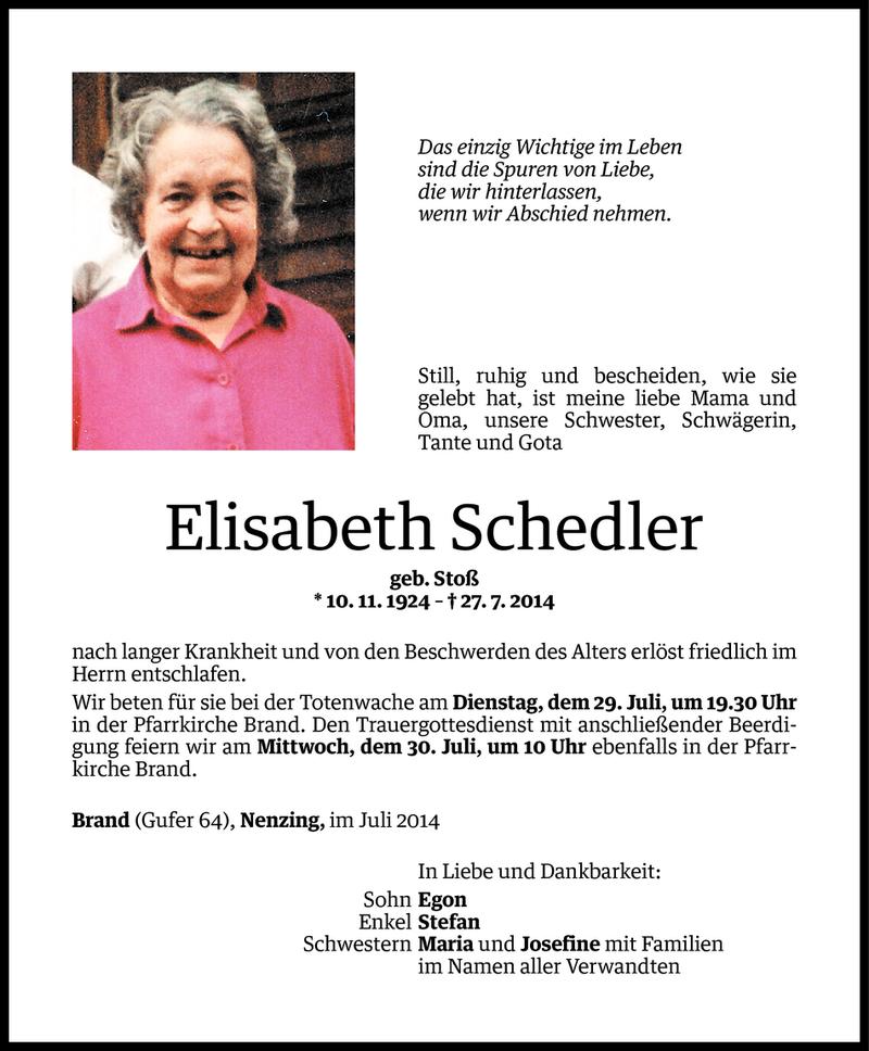  Todesanzeige für Elisabeth Schedler vom 29.07.2014 aus Vorarlberger Nachrichten