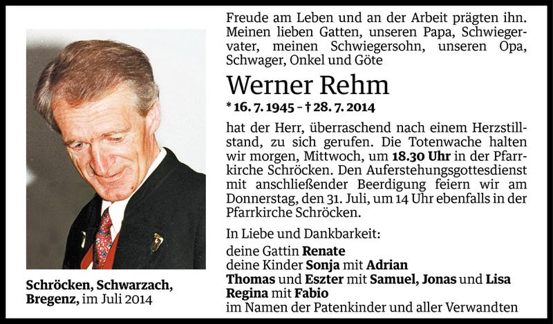  Todesanzeige für Werner Rehm vom 28.07.2014 aus Vorarlberger Nachrichten