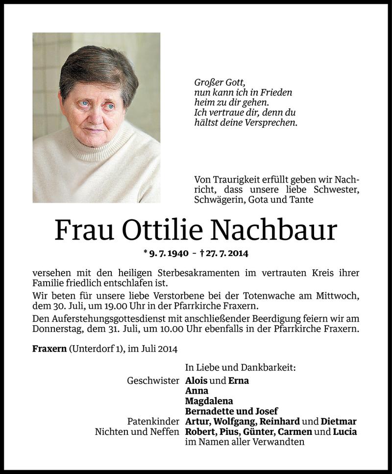  Todesanzeige für Ottilie Nachbaur vom 29.07.2014 aus Vorarlberger Nachrichten