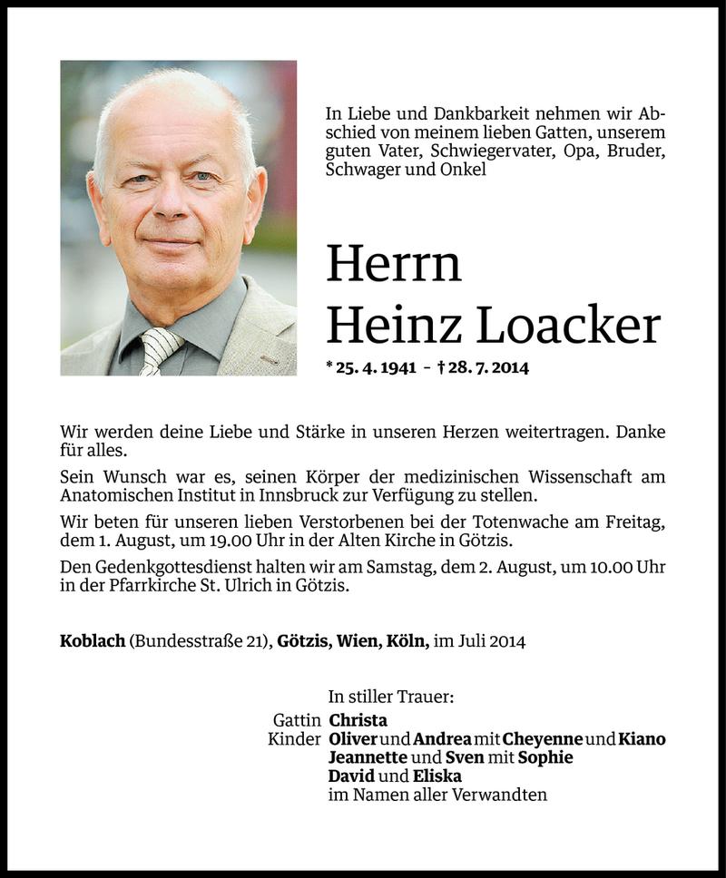  Todesanzeige für Heinz Loacker vom 30.07.2014 aus Vorarlberger Nachrichten