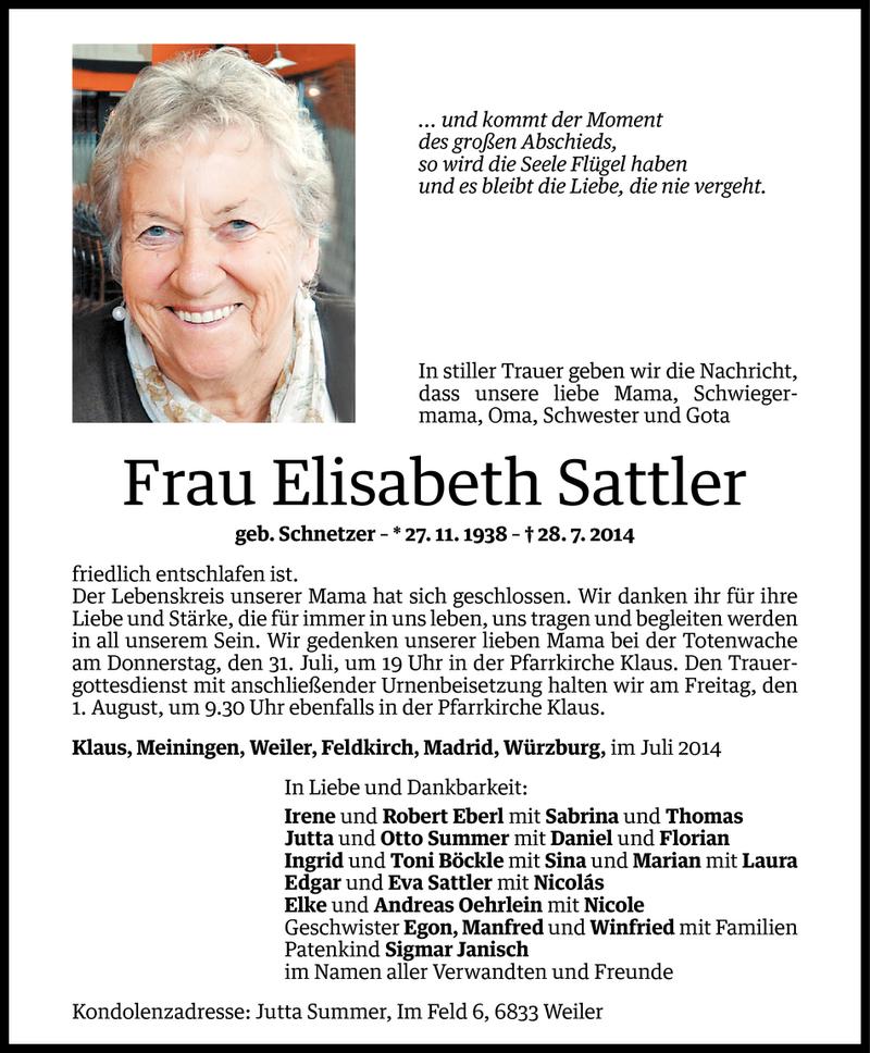  Todesanzeige für Elisabeth Sattler vom 29.07.2014 aus Vorarlberger Nachrichten