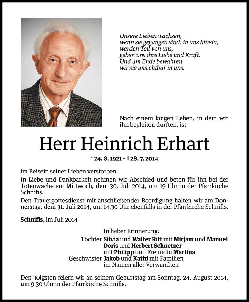  Todesanzeige für Heinrich Erhart vom 29.07.2014 aus Vorarlberger Nachrichten