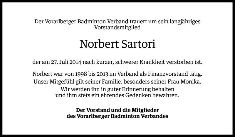  Todesanzeige für Norbert Sartori vom 29.07.2014 aus Vorarlberger Nachrichten