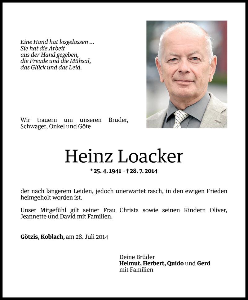  Todesanzeige für Heinz Loacker vom 29.07.2014 aus Vorarlberger Nachrichten