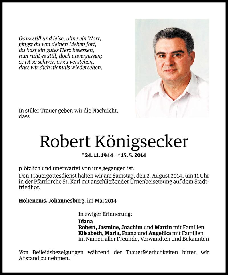  Todesanzeige für Robert Königsecker vom 30.07.2014 aus Vorarlberger Nachrichten