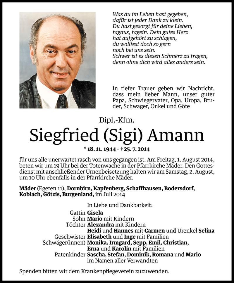  Todesanzeige für Siegfried Amann vom 30.07.2014 aus Vorarlberger Nachrichten