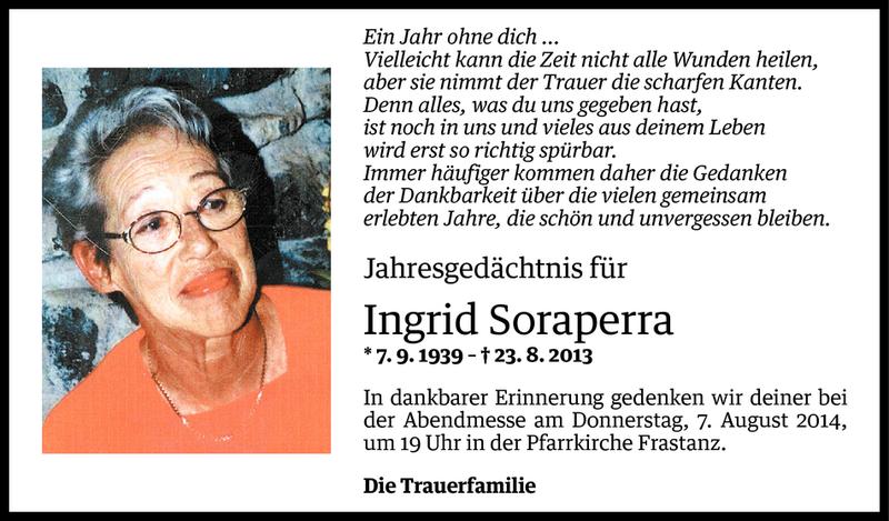  Todesanzeige für Ingrid Soraperra vom 03.08.2014 aus Vorarlberger Nachrichten