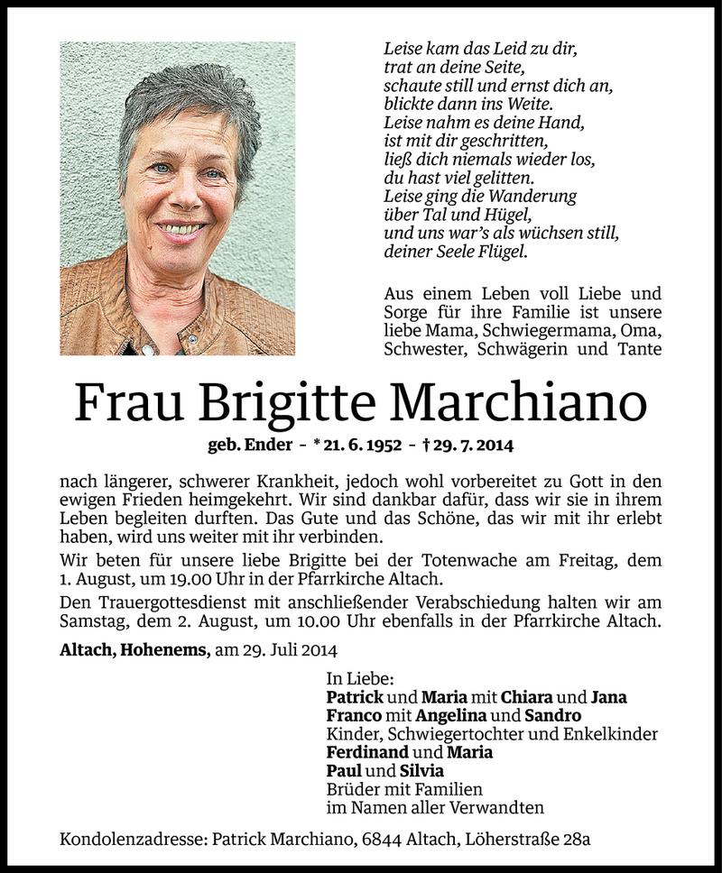  Todesanzeige für Brigitte Marchiano vom 31.07.2014 aus Vorarlberger Nachrichten