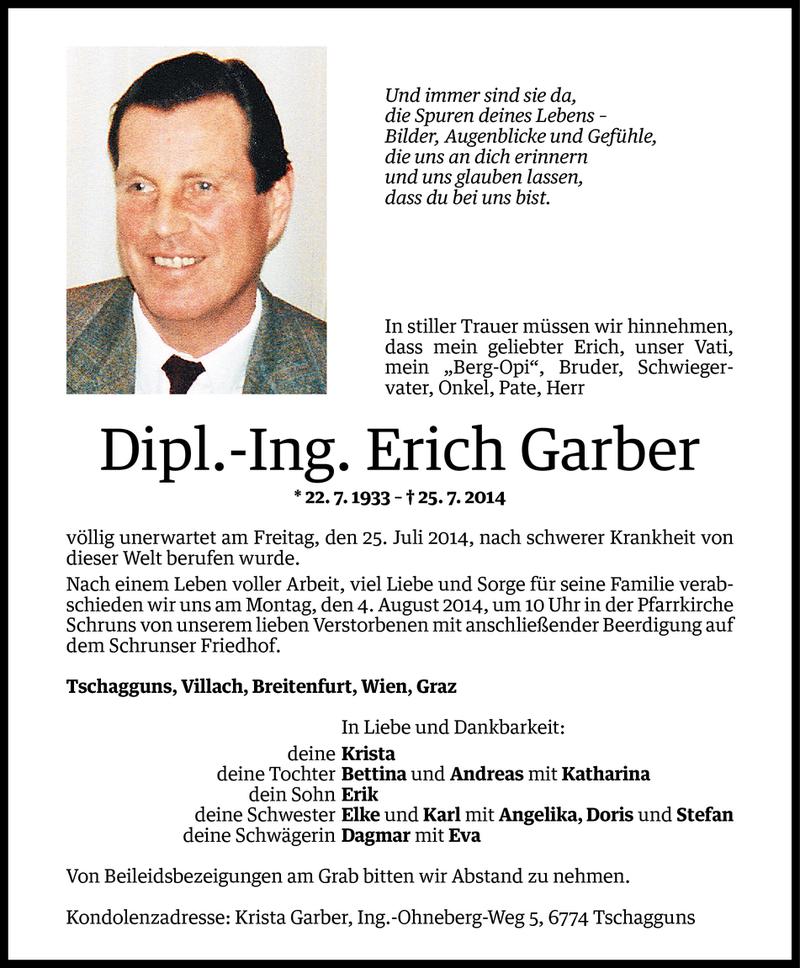  Todesanzeige für Erich Garber vom 30.07.2014 aus Vorarlberger Nachrichten