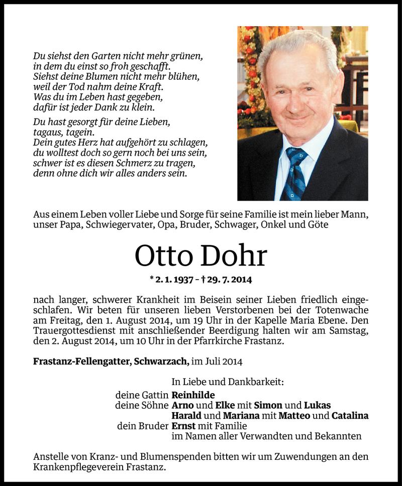  Todesanzeige für Otto Dohr vom 30.07.2014 aus Vorarlberger Nachrichten