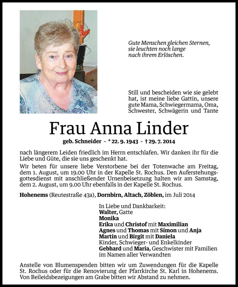  Todesanzeige für Anna Linder vom 31.07.2014 aus Vorarlberger Nachrichten