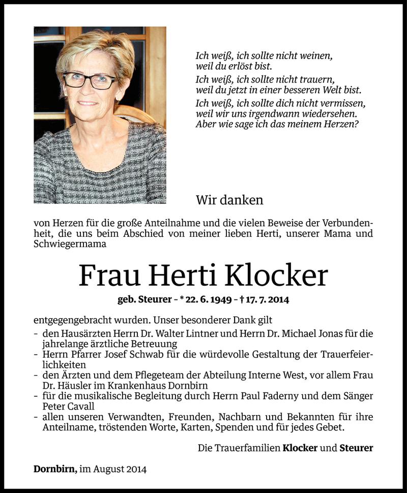  Todesanzeige für Herti Klocker vom 31.07.2014 aus Vorarlberger Nachrichten