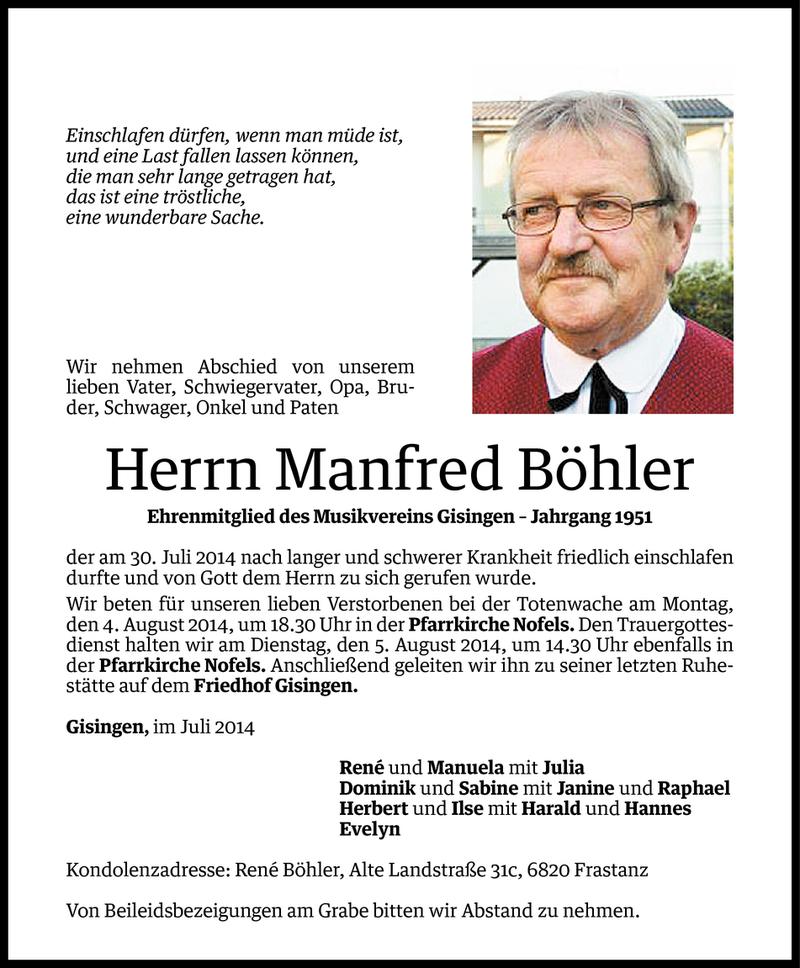  Todesanzeige für Manfred Böhler vom 01.08.2014 aus Vorarlberger Nachrichten