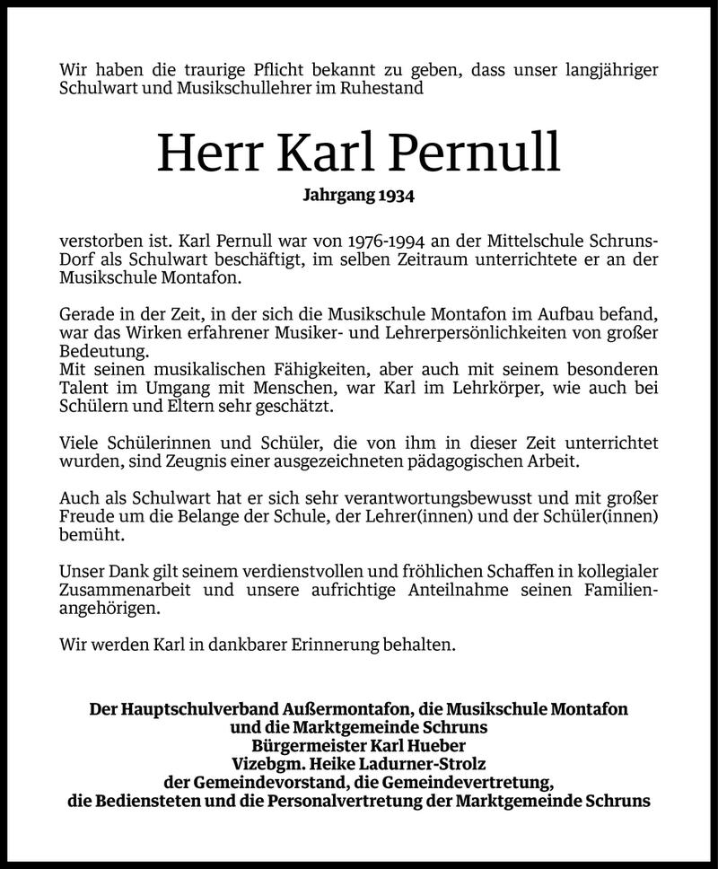  Todesanzeige für Karl Pernull vom 03.08.2014 aus Vorarlberger Nachrichten