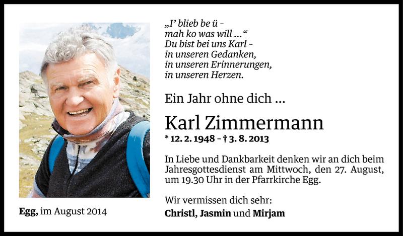  Todesanzeige für Karl Zimmermann vom 01.08.2014 aus Vorarlberger Nachrichten