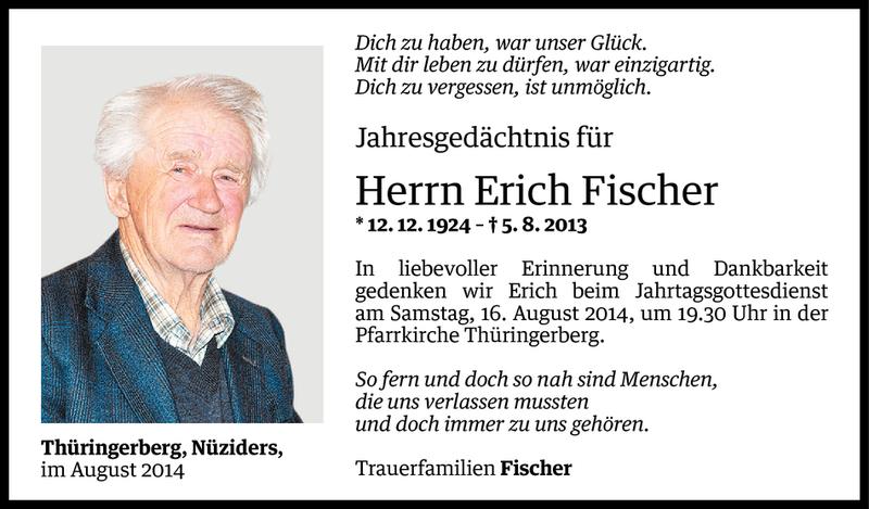  Todesanzeige für Erich Fischer vom 12.08.2014 aus Vorarlberger Nachrichten