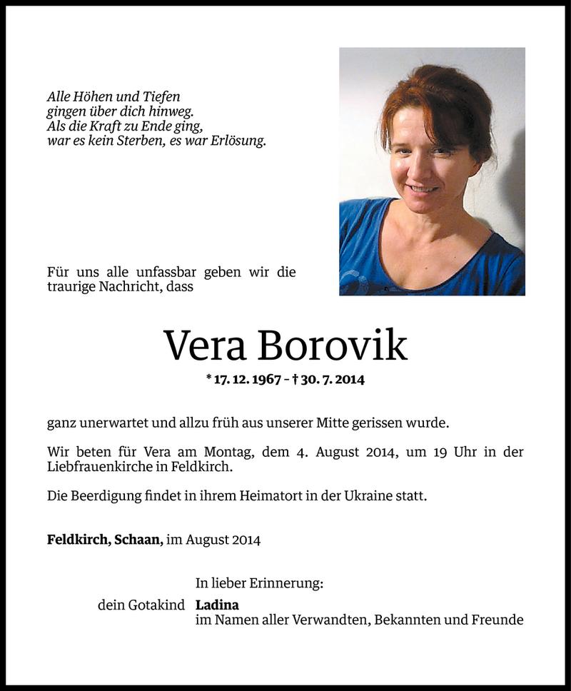  Todesanzeige für Vera Borovik vom 01.08.2014 aus Vorarlberger Nachrichten
