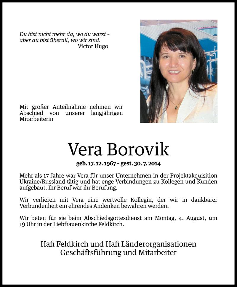  Todesanzeige für Vera Borovik vom 01.08.2014 aus Vorarlberger Nachrichten