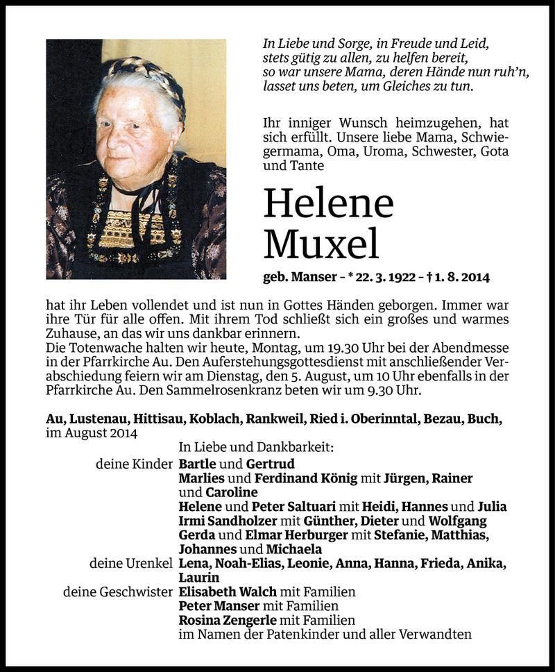  Todesanzeige für Helene Muxel vom 03.08.2014 aus Vorarlberger Nachrichten