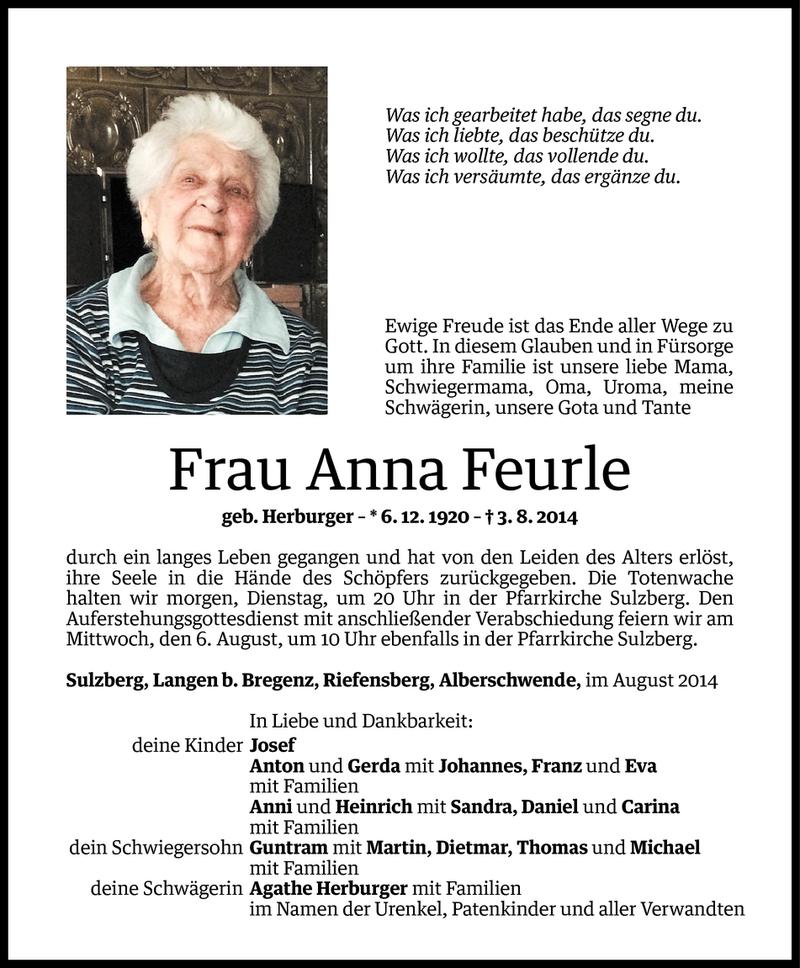  Todesanzeige für Anna Feurle vom 03.08.2014 aus Vorarlberger Nachrichten