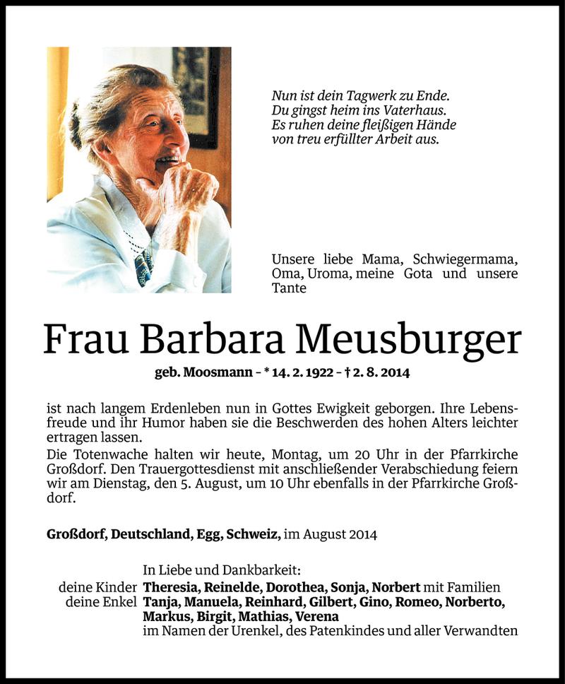  Todesanzeige für Barbara Meusburger vom 03.08.2014 aus Vorarlberger Nachrichten