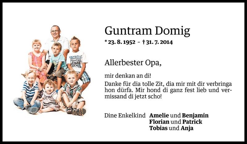  Todesanzeige für Guntram Domig vom 04.08.2014 aus Vorarlberger Nachrichten