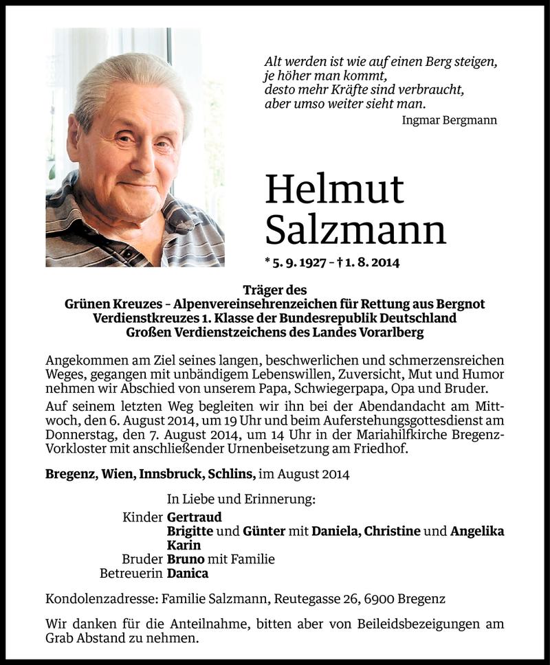  Todesanzeige für Helmut Salzmann vom 04.08.2014 aus Vorarlberger Nachrichten