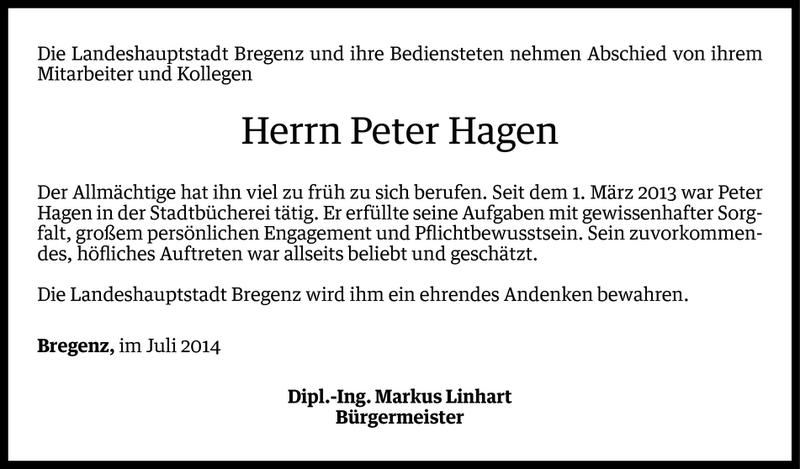  Todesanzeige für Peter Hagen vom 04.08.2014 aus Vorarlberger Nachrichten