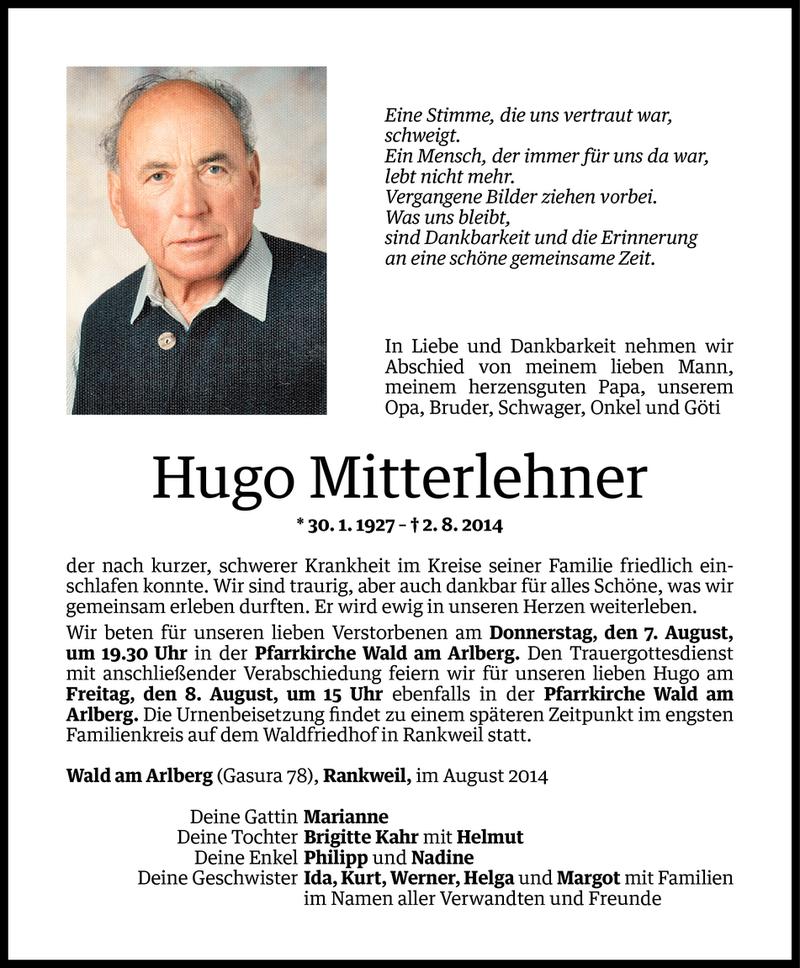  Todesanzeige für Hugo Mitterlehner vom 06.08.2014 aus Vorarlberger Nachrichten