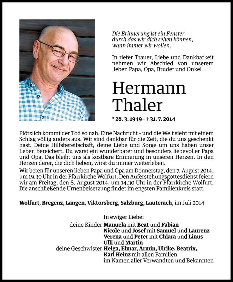  Todesanzeige für Hermann Thaler vom 04.08.2014 aus Vorarlberger Nachrichten