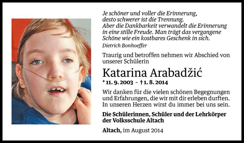  Todesanzeige für Katarina Arabadzic vom 05.08.2014 aus Vorarlberger Nachrichten
