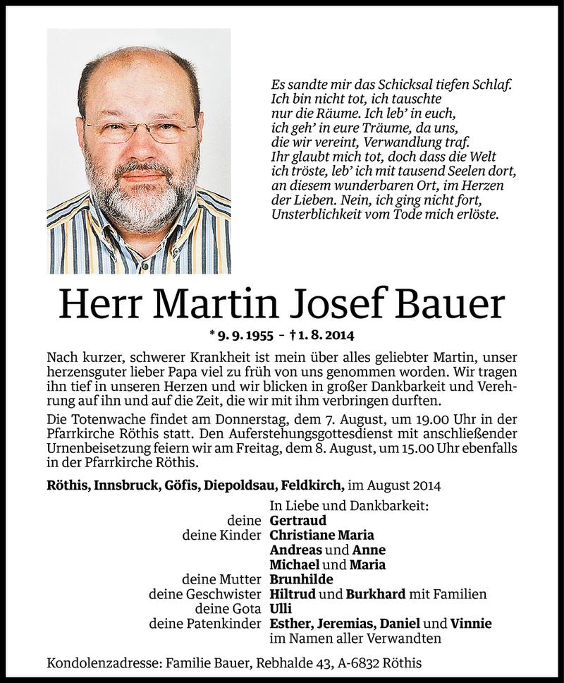  Todesanzeige für Martin Josef Bauer vom 05.08.2014 aus Vorarlberger Nachrichten