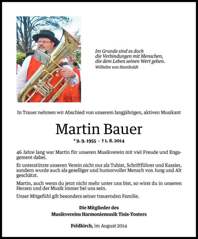  Todesanzeige für Martin Josef Bauer vom 05.08.2014 aus Vorarlberger Nachrichten