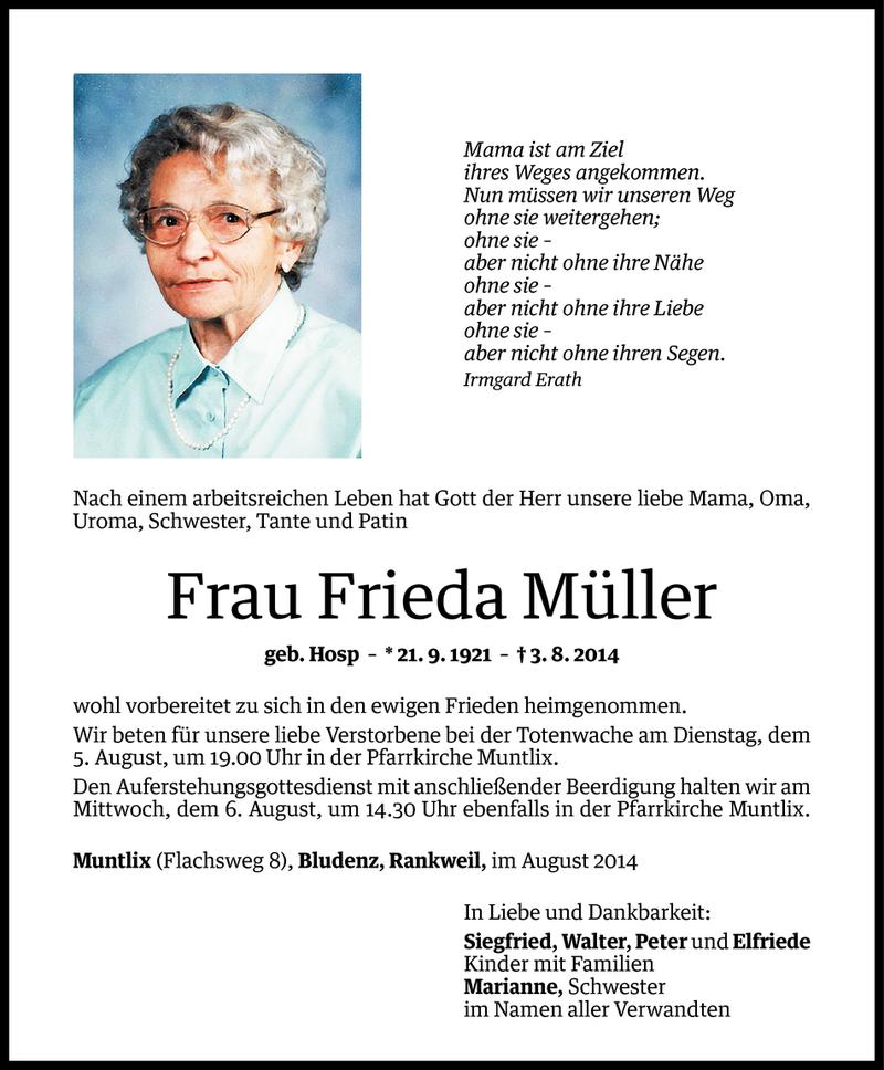  Todesanzeige für Frieda Müller vom 05.08.2014 aus Vorarlberger Nachrichten