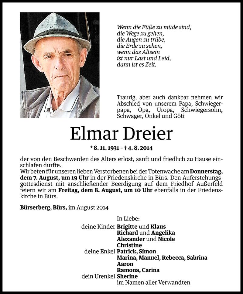  Todesanzeige für Elmar Dreier vom 06.08.2014 aus Vorarlberger Nachrichten