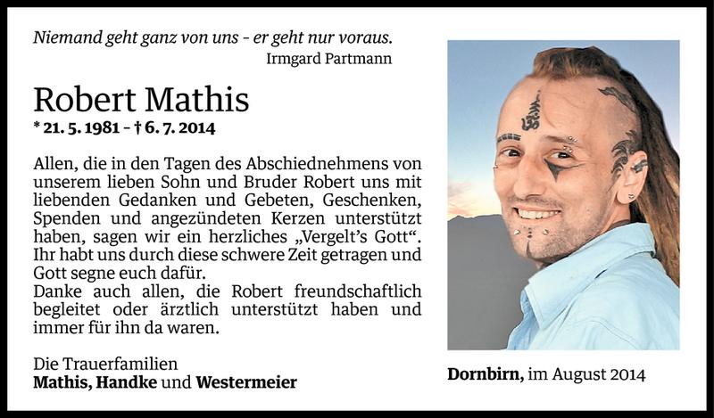  Todesanzeige für Robert Mathis vom 05.08.2014 aus Vorarlberger Nachrichten