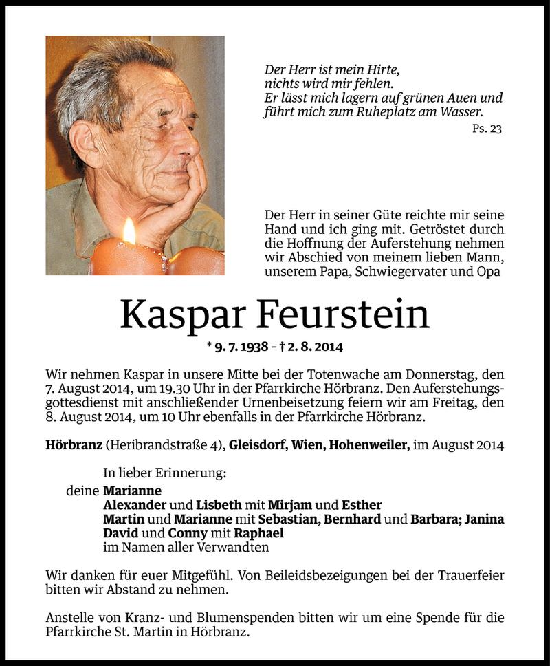  Todesanzeige für Kaspar Feurstein vom 05.08.2014 aus Vorarlberger Nachrichten