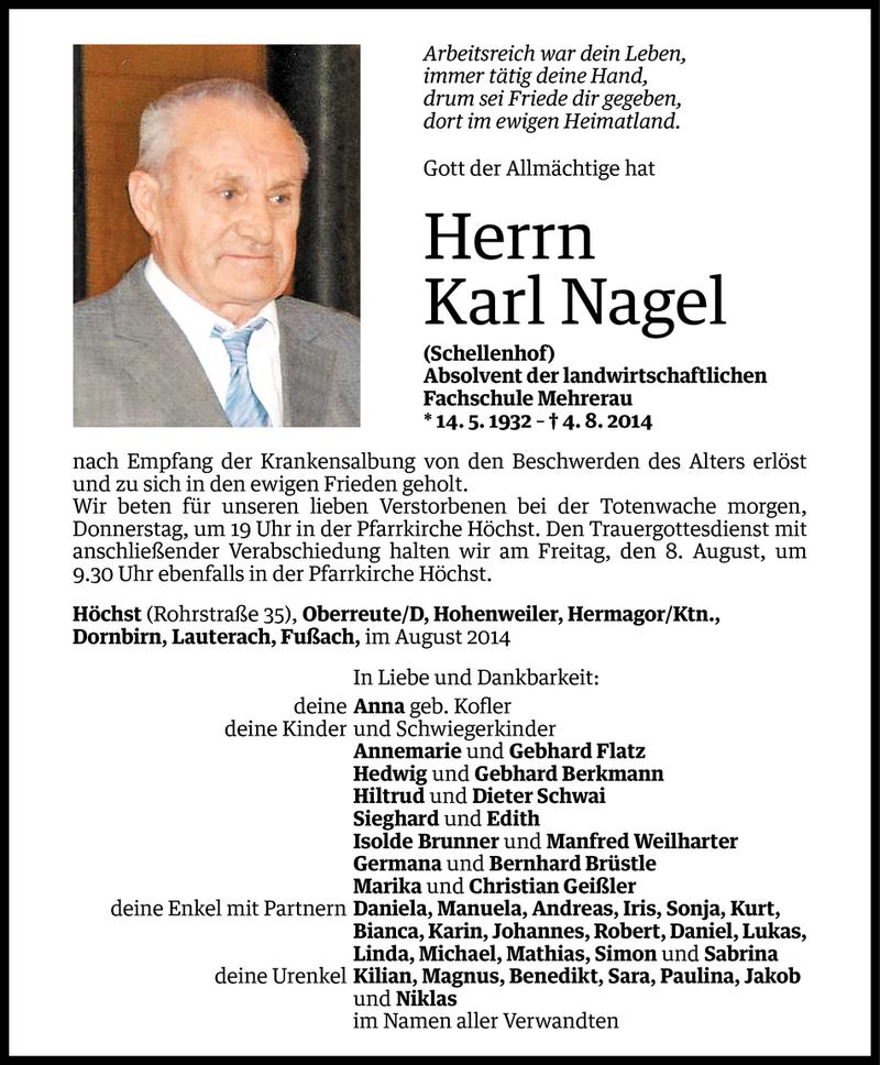  Todesanzeige für Karl Nagel vom 05.08.2014 aus Vorarlberger Nachrichten