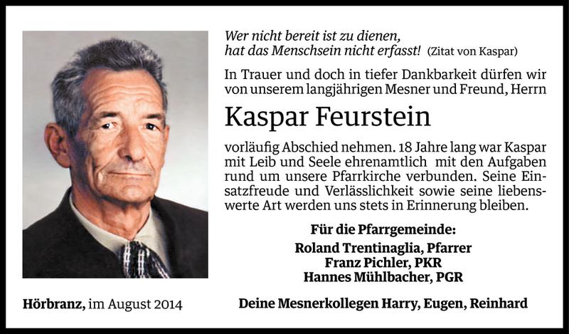  Todesanzeige für Kaspar Feurstein vom 05.08.2014 aus Vorarlberger Nachrichten