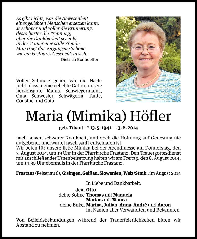  Todesanzeige für Maria Höfler vom 05.08.2014 aus Vorarlberger Nachrichten