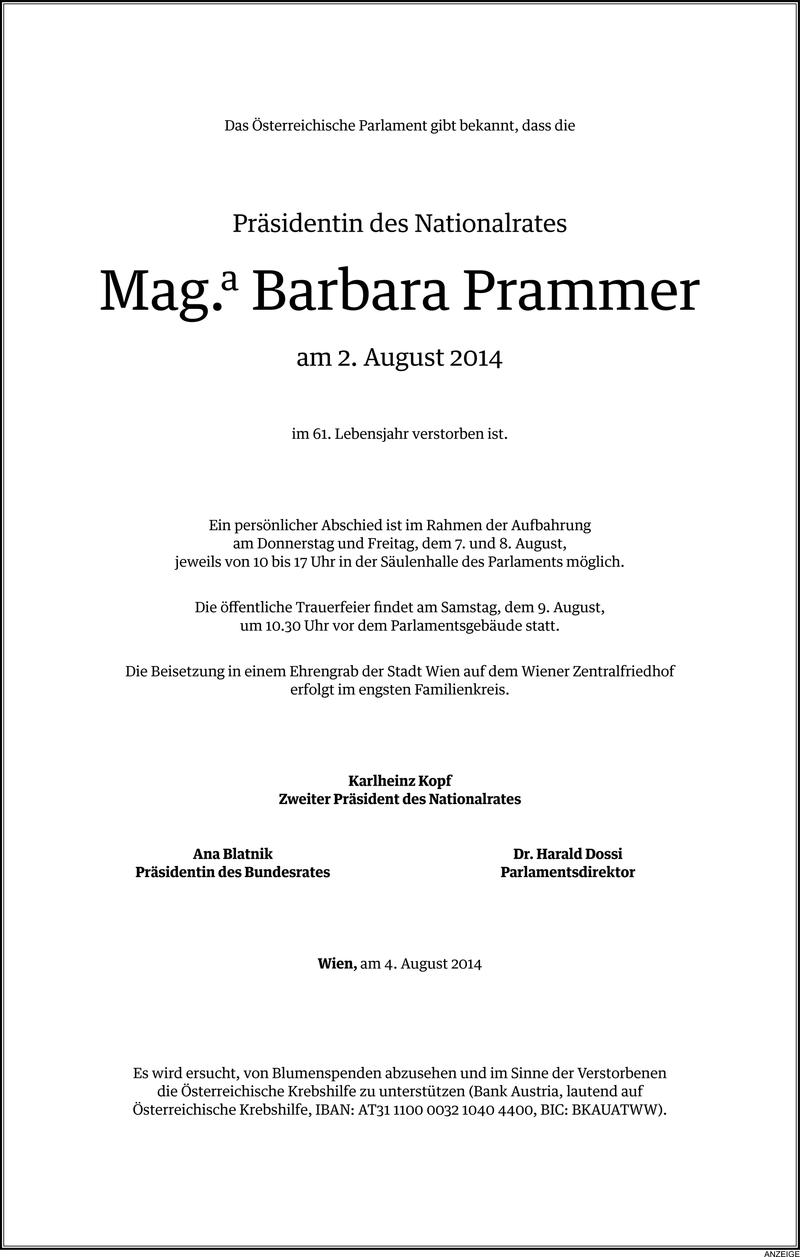  Todesanzeige für Barbara Prammer vom 05.08.2014 aus Vorarlberger Nachrichten