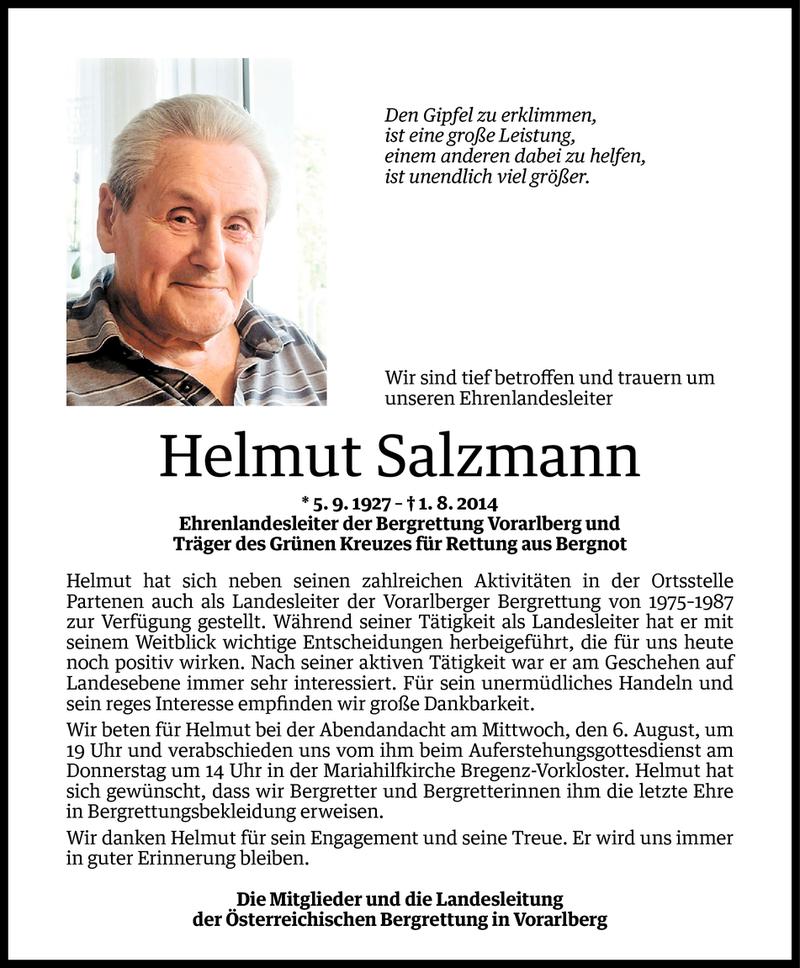  Todesanzeige für Helmut Salzmann vom 05.08.2014 aus Vorarlberger Nachrichten